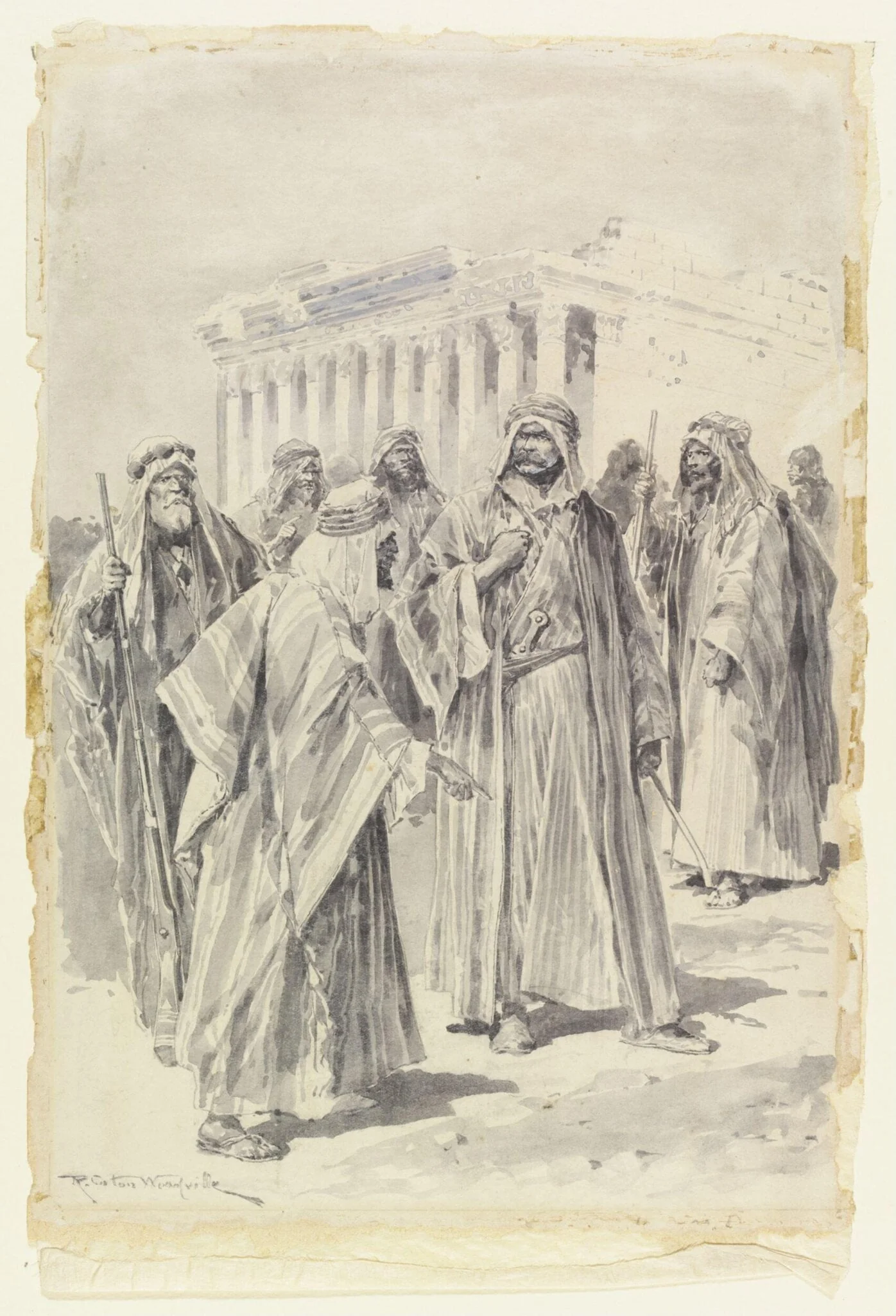 Figure in Arab dress (probably Lord Kitchener) with a group of Arab men in front of a temple, by Richard Caton Woodville, watercolor, 1874