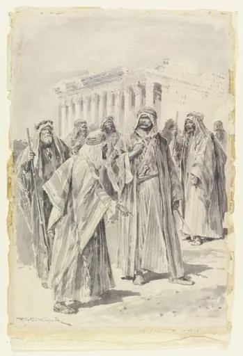 Figure in Arab dress (probably Lord Kitchener) with a group of Arab men in front of a temple