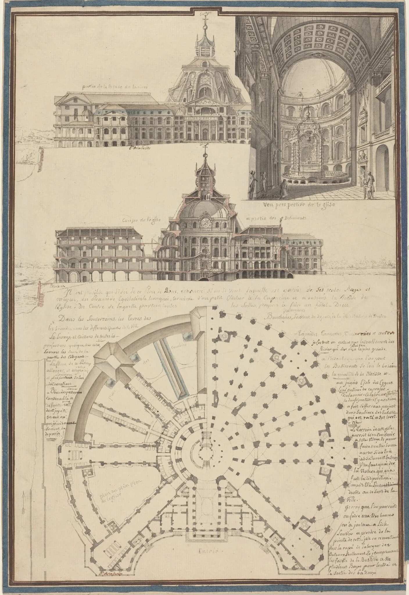 Plan and Three Views of a Circular Church, by Pierre Varin, ink, 1750