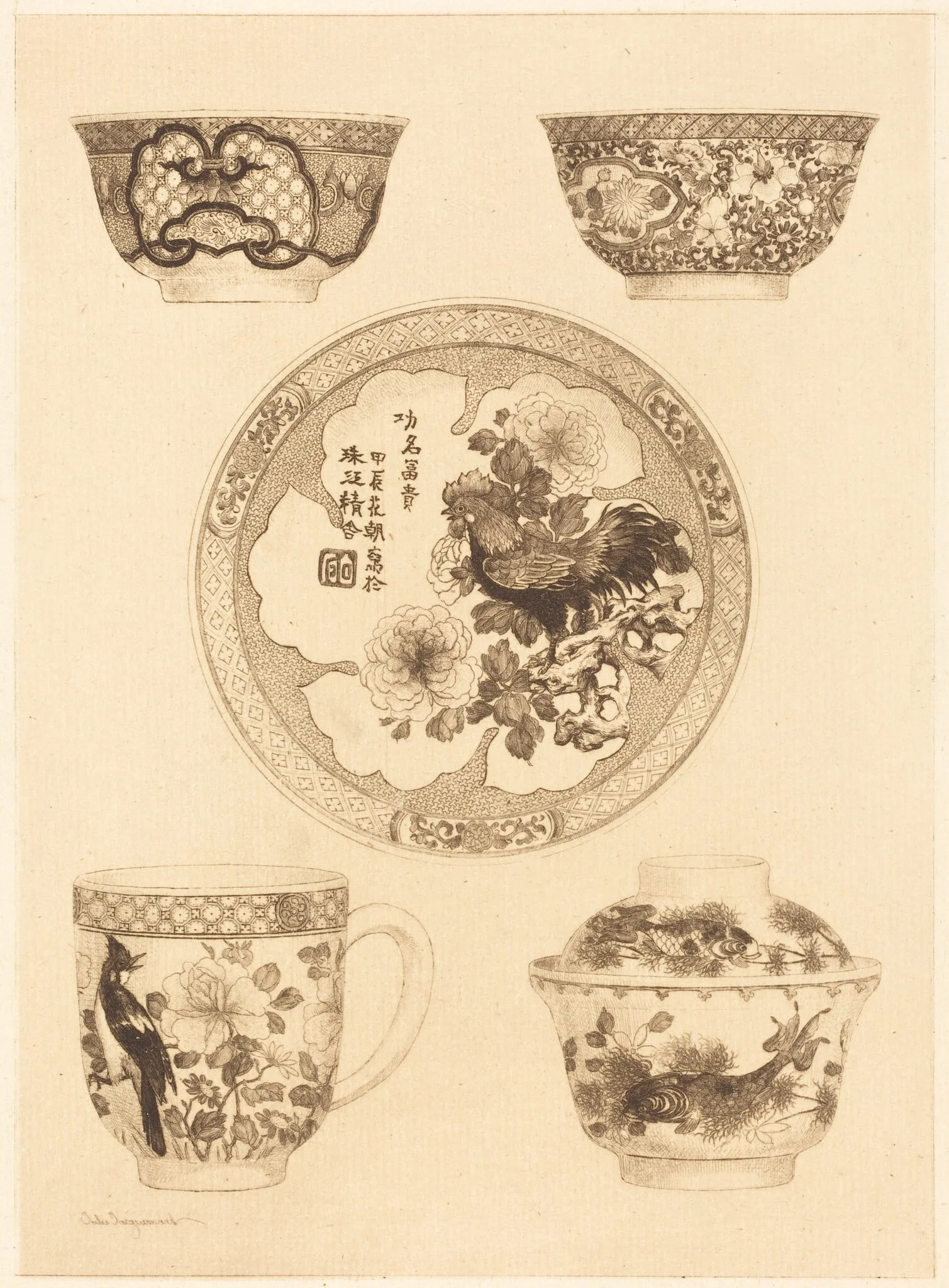 Five Pieces of China, by Jules-Ferdinand Jacquemart, ink, 1858