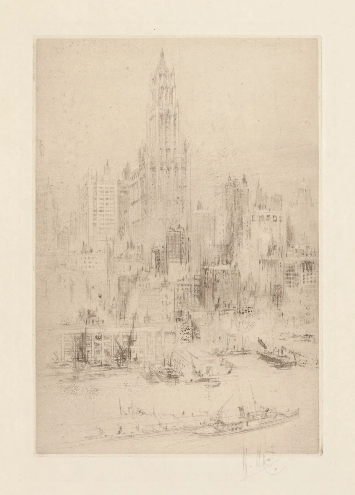 Downtown Manhattan from the East River, with the Woolworth Building