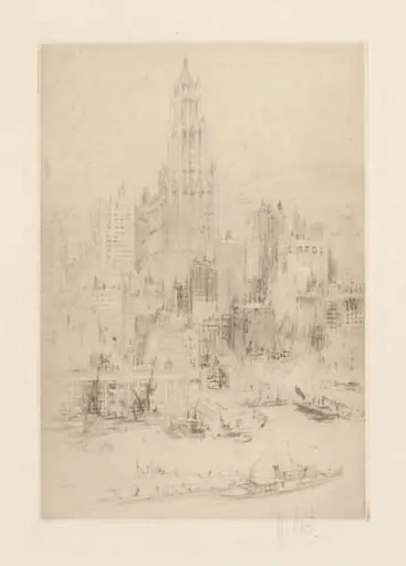 Downtown Manhattan from the East River, with the Woolworth Building
