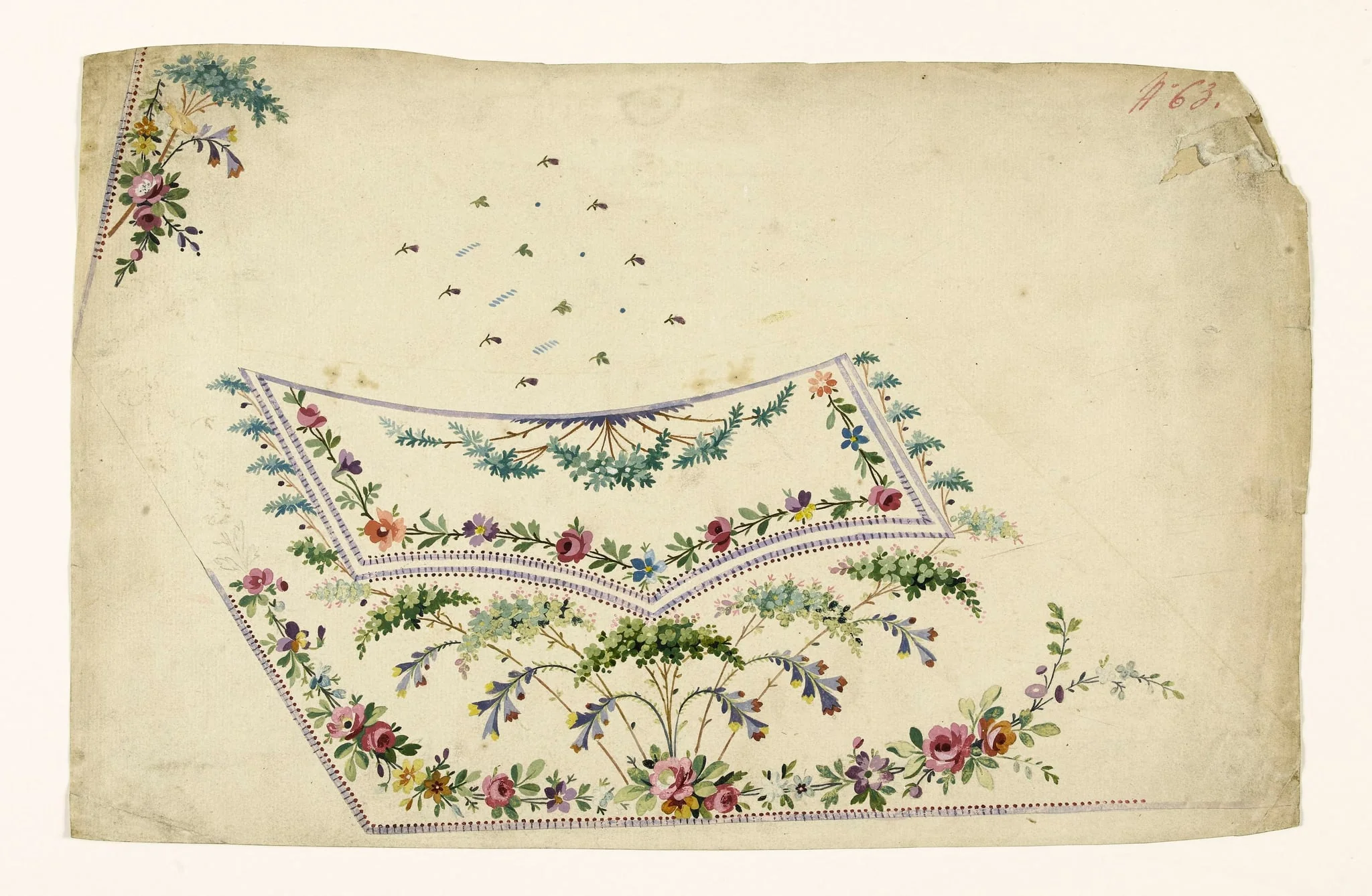 Composition avec guirlandes de fleurs et feuilles en grappes, projets de broderies de gilet, XVIIIème siècle