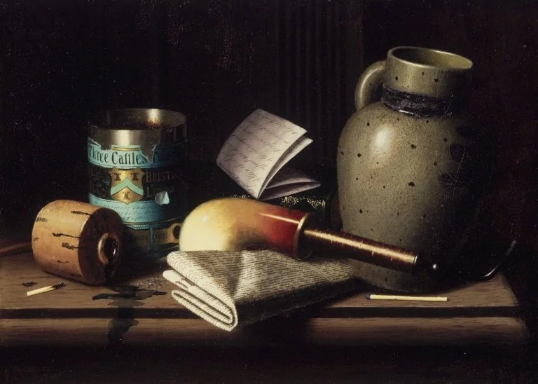 Still Life with Three Castles Tobacco, by William Michael Harnett, oil, 1890