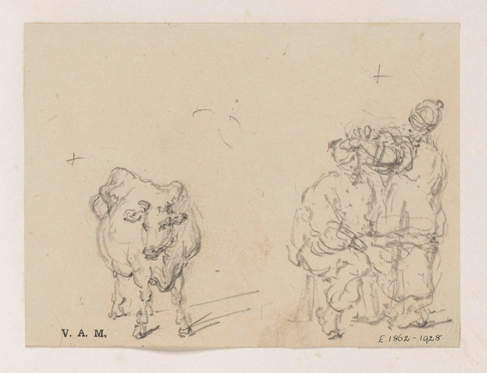 A Chinese barber and customer, and a cow, by George Chinnery, 19