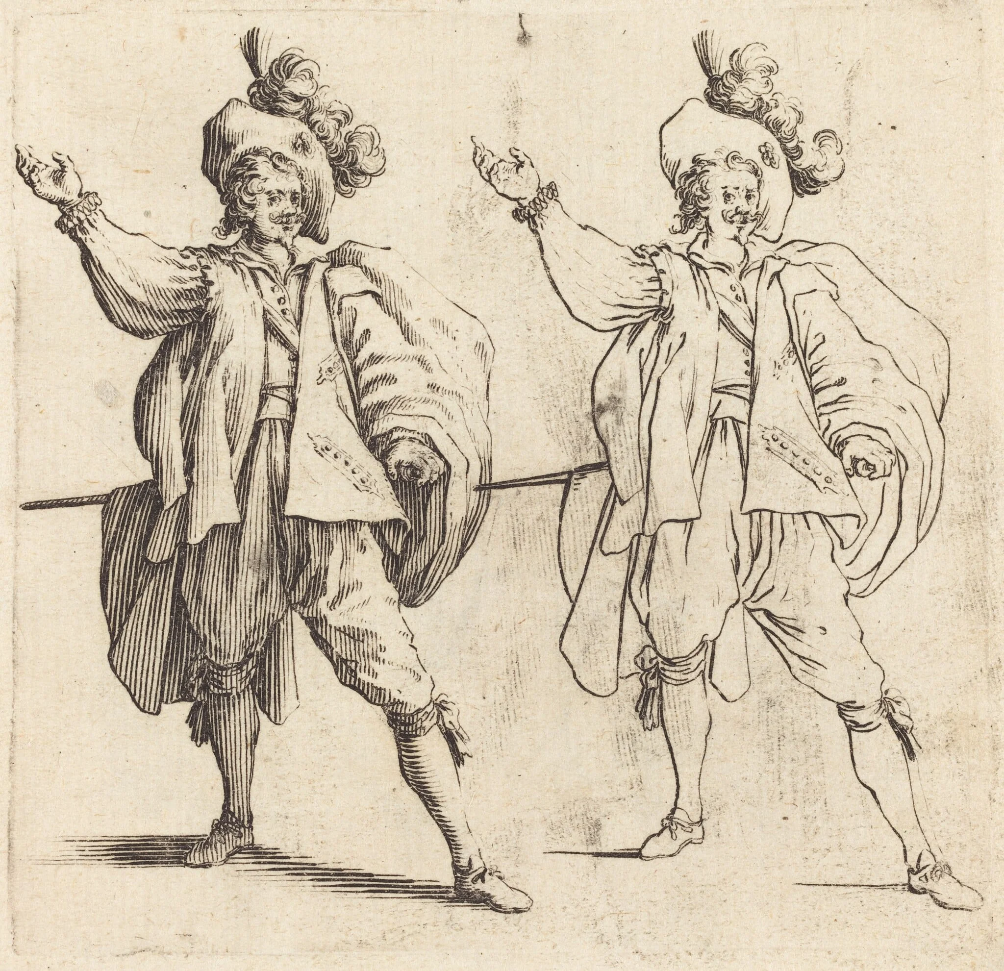 Officer with Large Plume, Front View, by Jacques Callot, ink, 1622