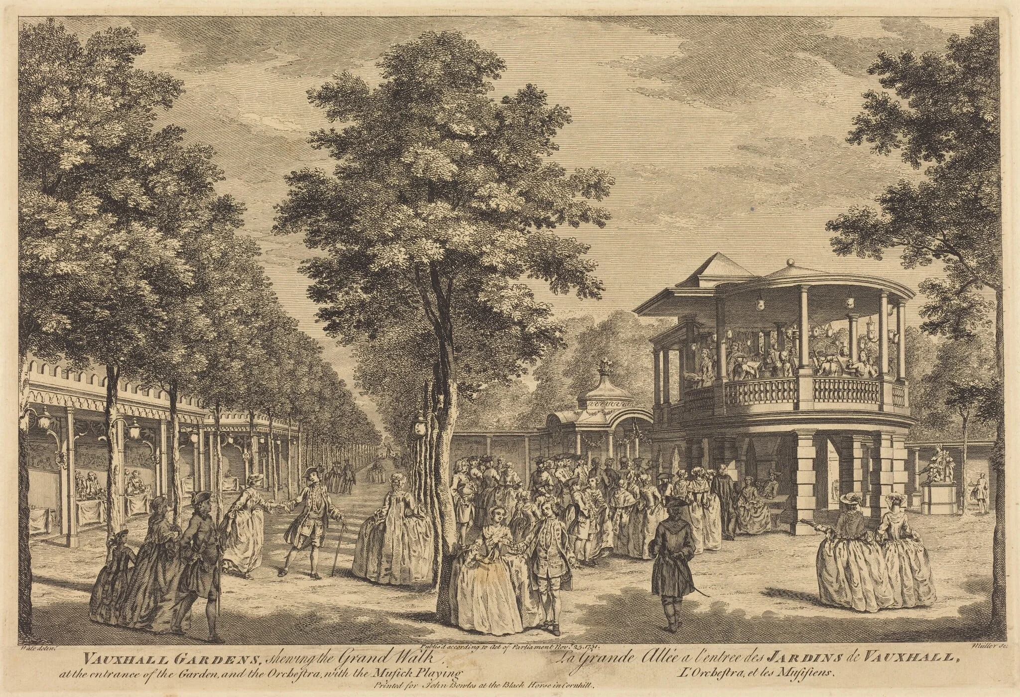 Vauxhall Gardens shewing the Grand Walk at the Entrance of the Garden and the Orchestra with Musick Playing
