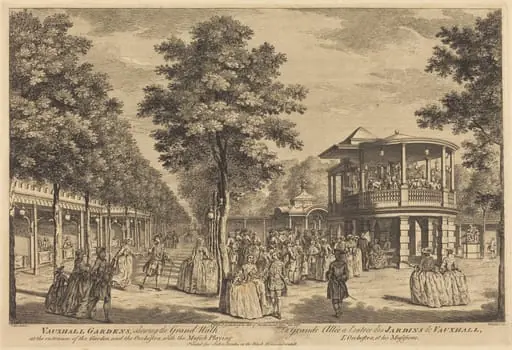 Vauxhall Gardens shewing the Grand Walk at the Entrance of the Garden and the Orchestra with Musick Playing