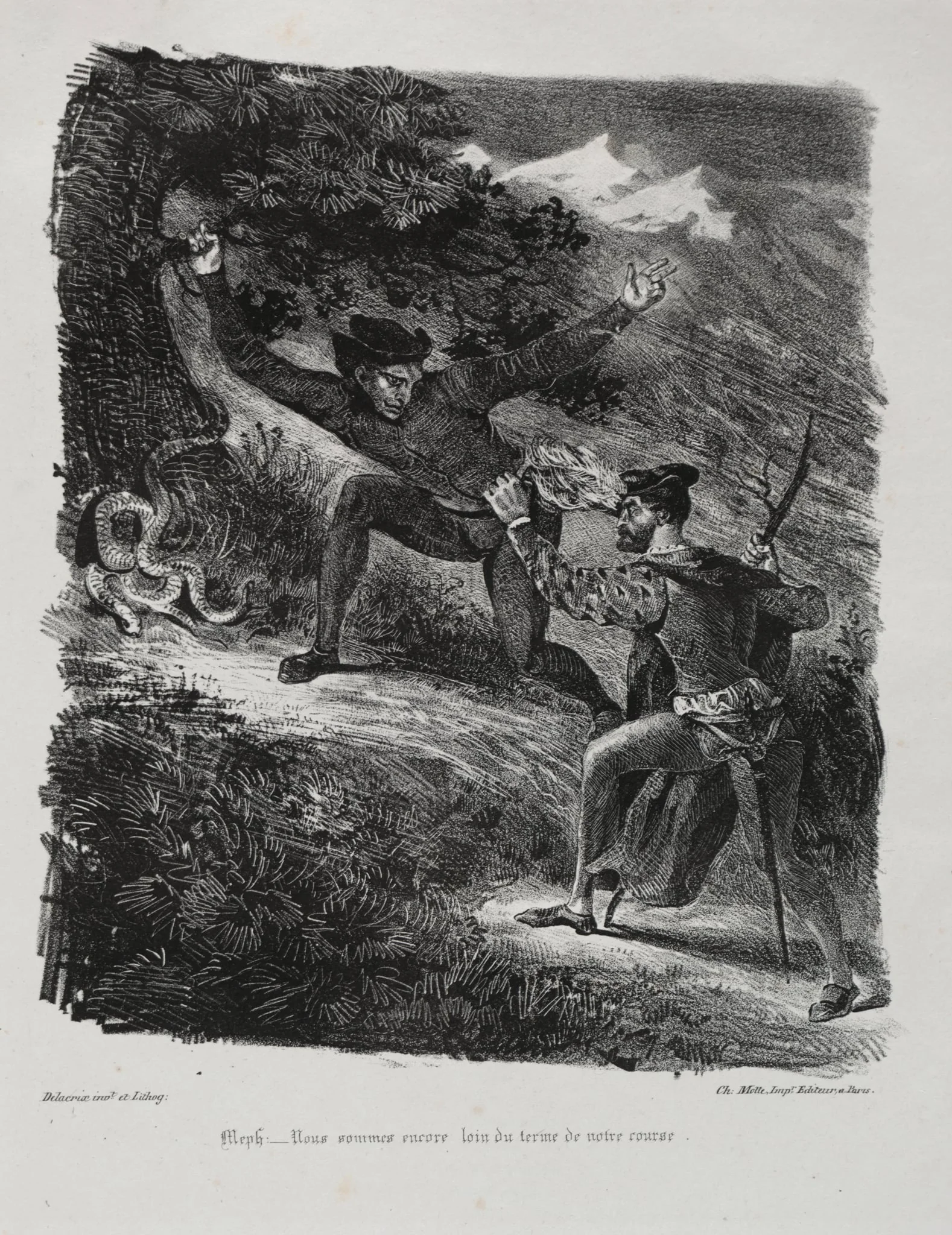 Illustrations for Faust: Faust and Méphistophélés in the mountains of the Hartz, by Eugène Delacroix, 1828