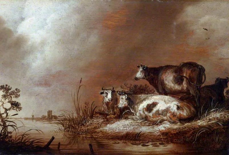 Cattle on a River Bank, by Aelbert Cuyp, oil, 1666