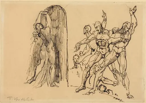 Five Male Nudes Gesticulating as a Nude Woman Enters a Portal