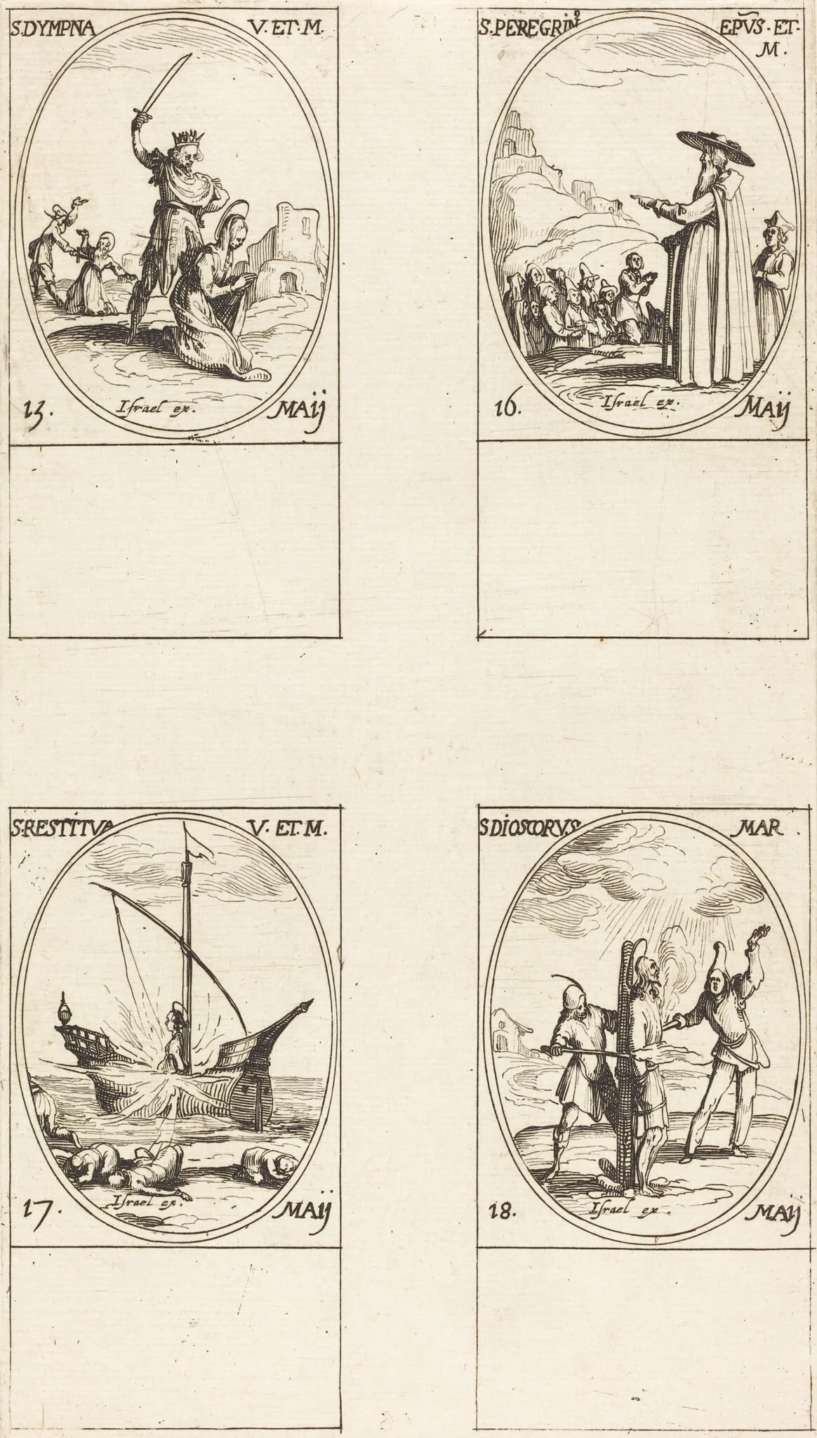 St. Dympna; St. Peregrinus; St. Restituta; St. Dioscorus, by Jacques Callot, ink, 1634