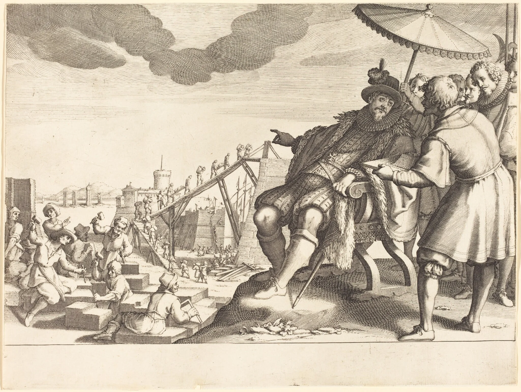 Construction and Fortification of the Port of Livorno, by Jacques Callot, ink, 1614