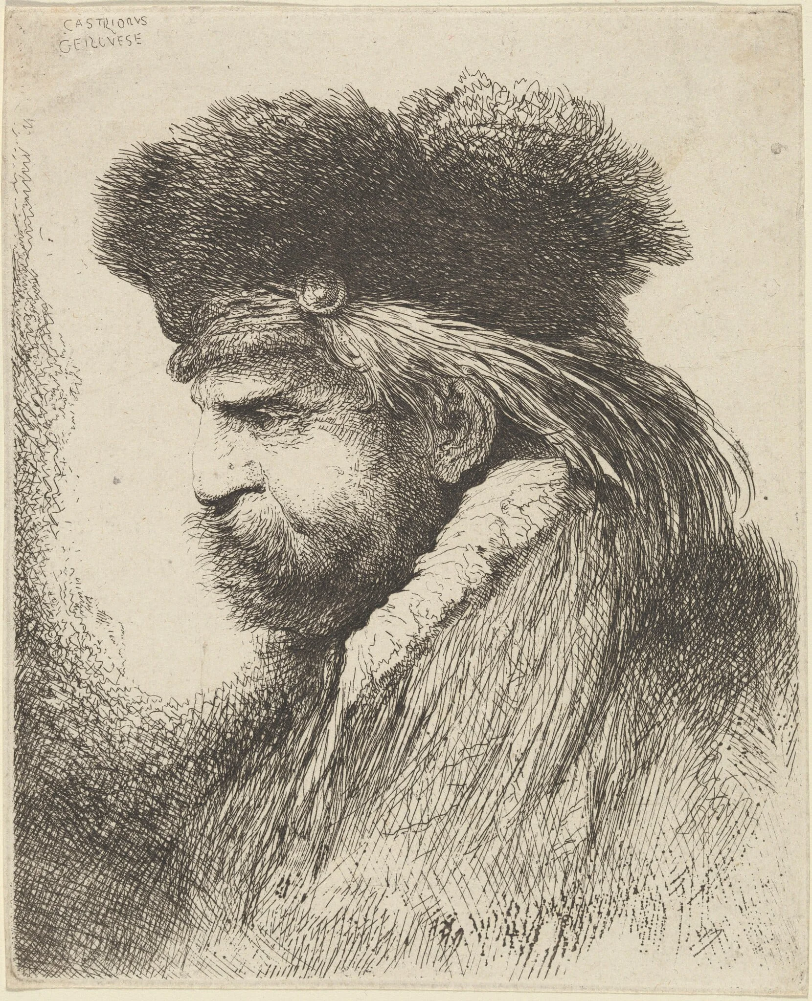 Bearded Man in a Fur Cap, Facing Left, by Giovanni Benedetto Castiglione, ink, 1646
