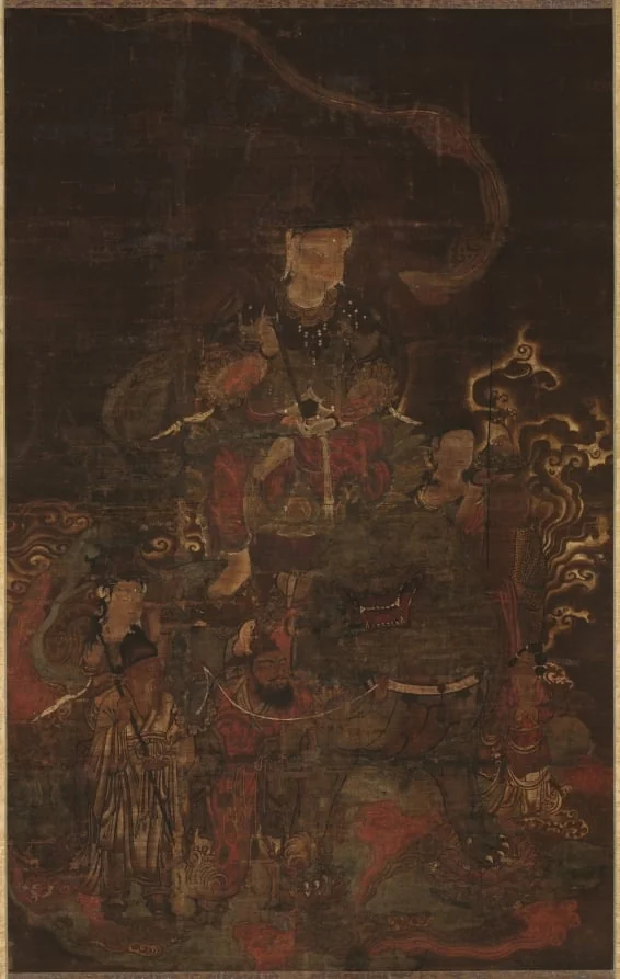 Monju Riding Lion with Attendants, by Unknown, unspecified, 1204