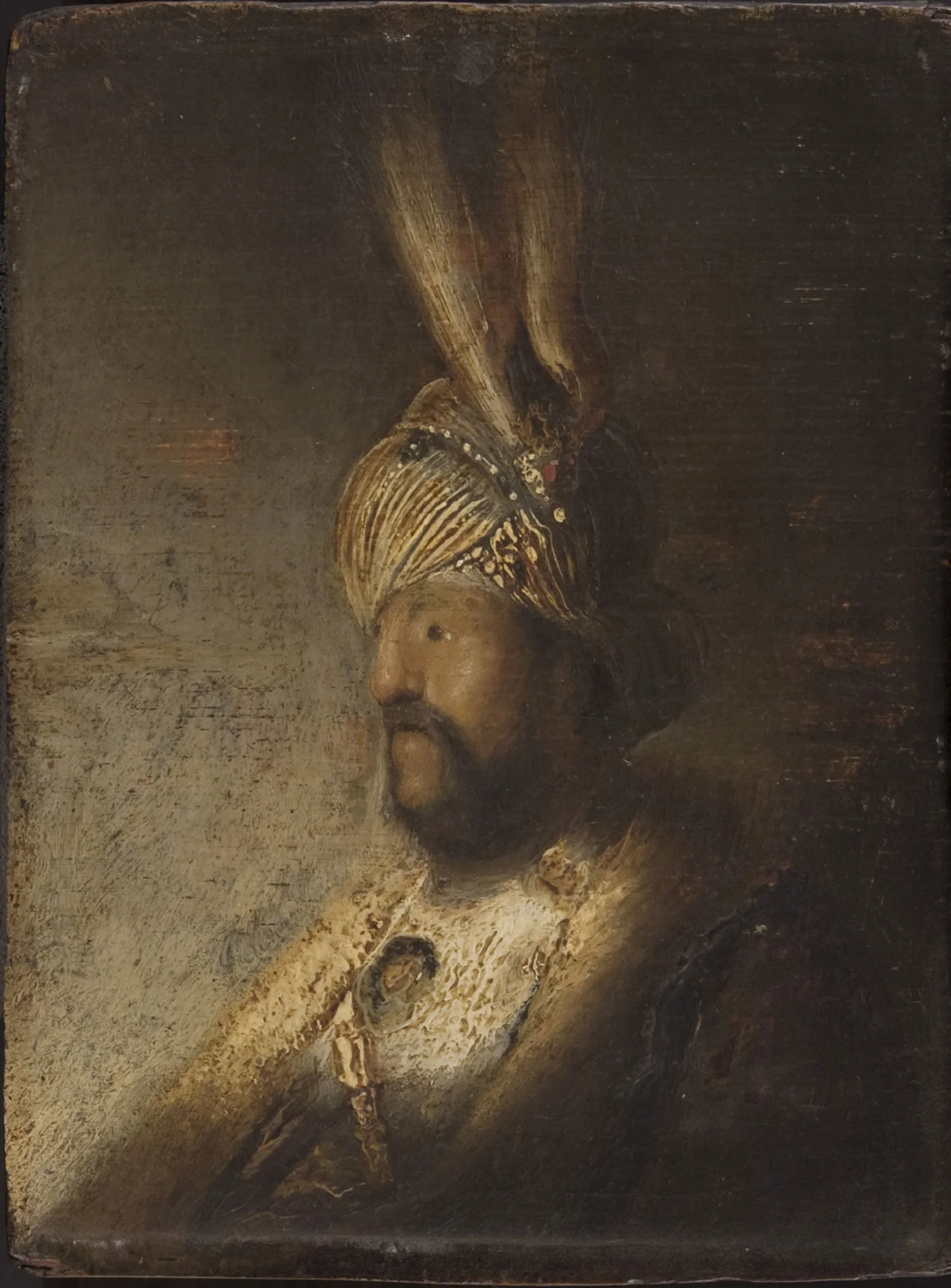 Bust of a Man in a Turban, by Rembrandt, oil, 1629