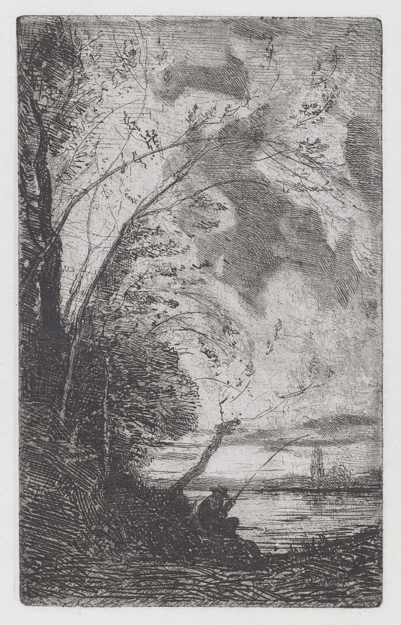 Fisherman on the Lakeshore [Pescatore sulla riva del lago], by Antonio Fontanesi, ink, 1864