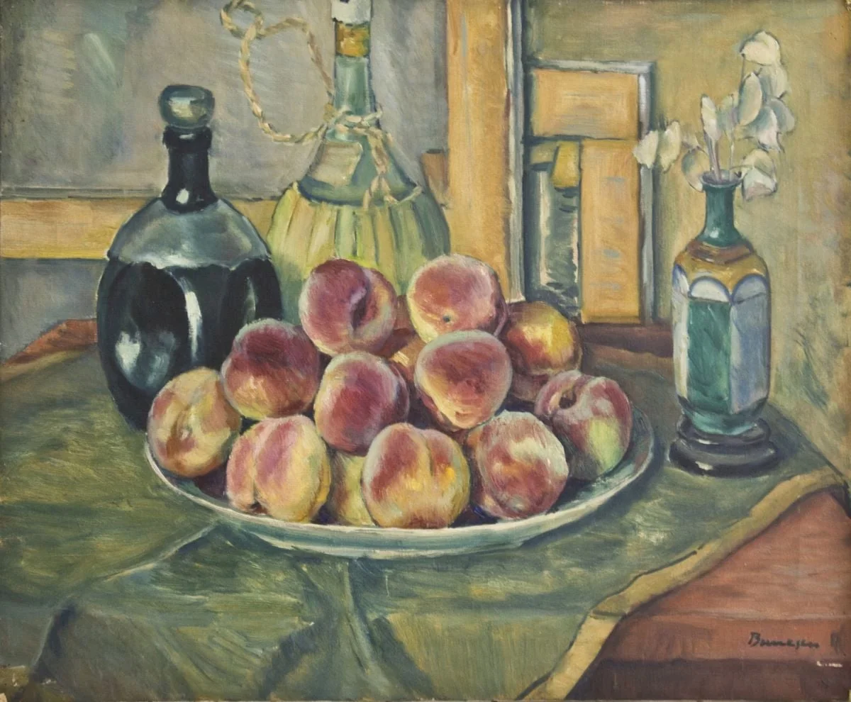Natură moartă cu piersici, by Marius Bunescu, 1949