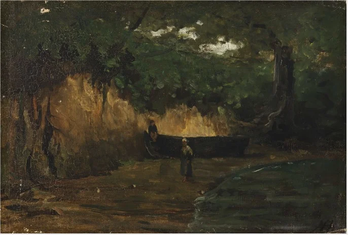 Yard with Trees, and a Boy Sitting on a Tree-trunk, by Nathaniel Hone the Younger, oil, 1881
