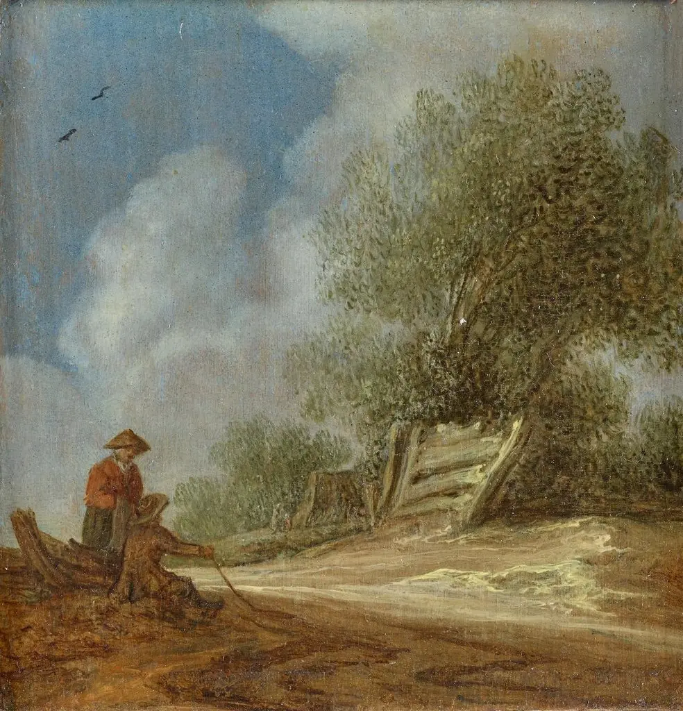 Zwei Holländische Landschaften (Bildpaar). Zwei Figuren am Wegrand