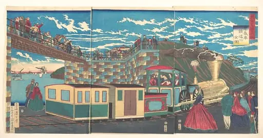 東京名勝高輪　蒸気車鉄道之全図|Illustration of Steam Locomotive Tracks at Takanawa, from the series Famous Places in Tokyo  (Tōkyō meishō Takanawa-jōki kikansha no zen zu)