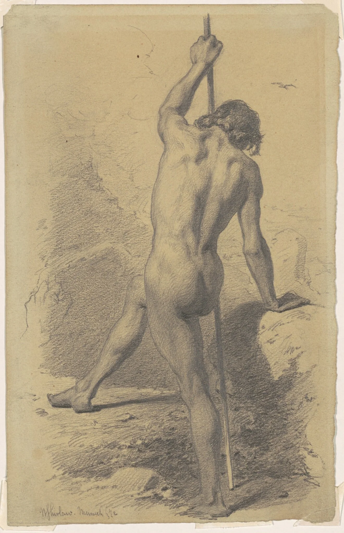 Male Nude with Staff, by Walter Shirlaw, graphite, 1872